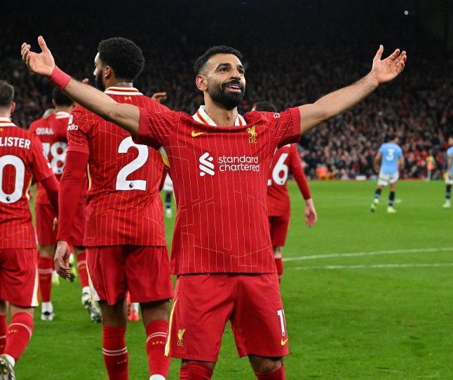 LIVERPOOL, ENGLAND - DECEMBER 01: (THE SUN OUT, THE SUN ON SUNDAY OUT) Mohamed Salah of Liverpool celebrating after scoring the second goal during the Premier League match between Liverpool FC and Manchester City FC at Anfield on December 01, 2024 in Liverpool, England. (Photo by John Powell/Liverpool FC via Getty Images)