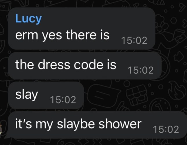 Whatsapp messages from Lucy Fallon explaining the dress code for her baby shower