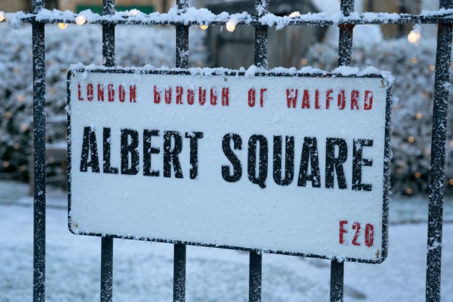 EastEnders' Albert Square sign in the snow