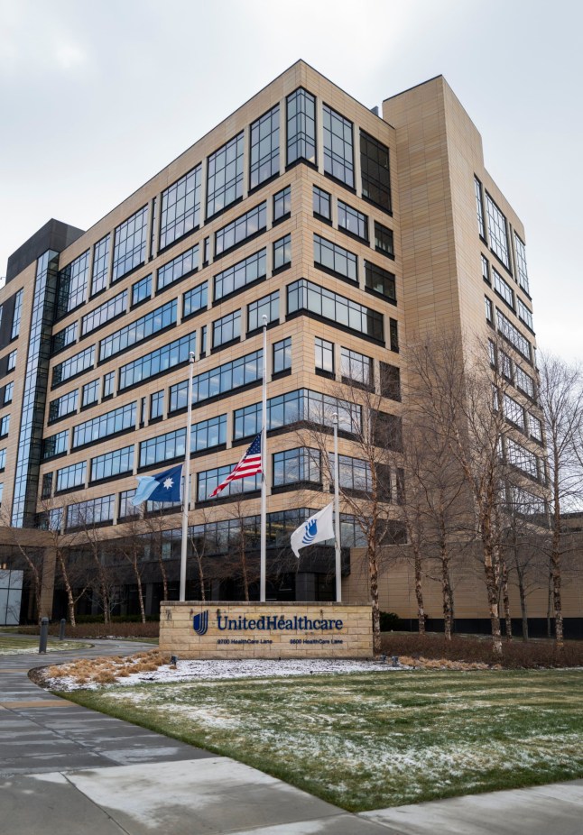 MINNETONKA, MINNESOTA - DECEMBER 4: Flags fly at half mast outside the United Healthcare corporate headquarters on December 4, 2024 in Minnetonka, Minnesota. United Healthcare CEO Brian Thompson was shot dead on the street in New York City before he was to attend the company's annual investors meeting. (Photo by Stephen Maturen/Getty Images)