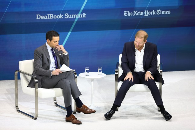 NEW YORK, NEW YORK - DECEMBER 04: NYT Columnist Andrew Ross Sorkin and Prince Harry, The Duke of Sussex, speak during the New York Times annual DealBook summit at Jazz at Lincoln Center on December 04, 2024 in New York City. The NYT summit with Ross Sorkin returns with interviews on the main stage including Sam Altman, co-founder and C.E.O. of OpenAI, Jeff Bezos, founder and executive chairman of Amazon and owner of the Washington Post, former U.S. President Bill Clinton and Prince Harry, The Duke of Sussex, among others. The discussions will touch on topics such as business, politics and culture. (Photo by Michael M. Santiago/Getty Images)