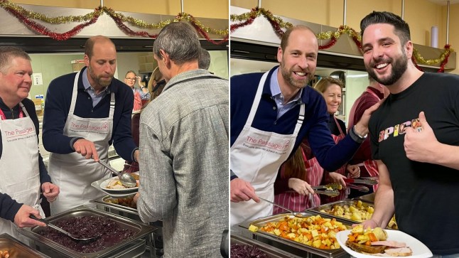 Prince William puts on apron to serve Christmas dinner at the Passage homeless charity he first visited with Princess Diana