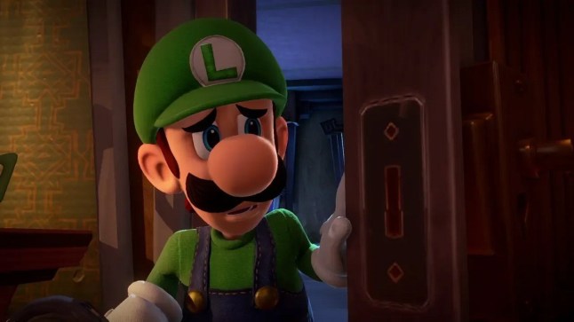 Luigi opening door and looking nervous