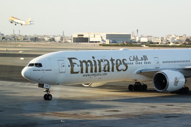 Emirates plane is seen on the airport in Manama, Bahrain on March 5, 2024. (Photo by Jakub Porzycki/NurPhoto via Getty Images)