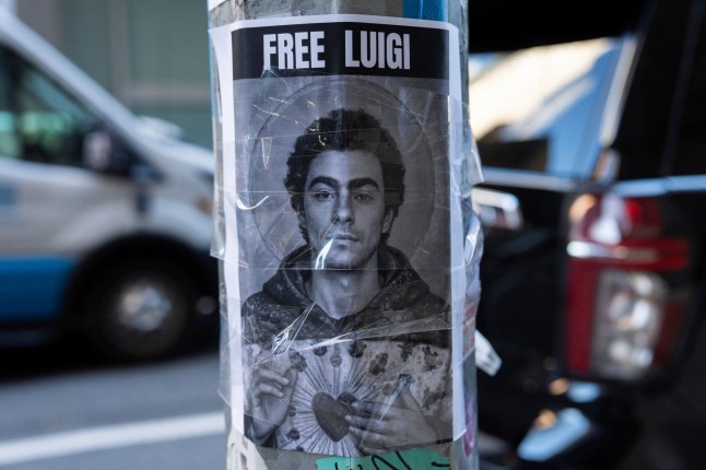 A poster depicting Luigi Mangione hangs outside the New York Hilton Midtown hotel, Thursday, Dec. 12, 2024, in New York. (AP Photo/Julia Demaree Nikhinson)