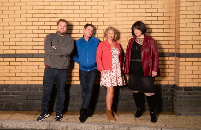 Undated BBC Handout Photo from Gavin and Stacey: The Finale. Pictured: Smithy (JAMES CORDEN), Gavin (MATHEW HORNE), Stacey (JOANNA PAGE), Nessa (RUTH JONES). PA Feature SHOWBIZ TV Gavin And Stacey. WARNING: This picture must only be used to accompany PA???Feature SHOWBIZ TV Gavin And Stacey. PA Photo. Picture crNOTE TO EDITORS: This picture must only be used to accompany PA Feature SHOWBIZ TV Gavin And Stacey. edit should read: BBC/Toffee International Ltd./Tom Jackson. WARNING: Use of this copyright image is subject to the terms of use of BBC Pictures' BBC Digital Picture Service. In particular, this image may only be published in print for editorial use during the publicity period (the weeks immediately leading up to and including the transmission week of the relevant programme or event and three review weeks following) for the purpose of publicising the programme, person or service pictured and provided the BBC and the copyright holder in the caption are credited. Any use of this image on the internet and other online communication services will require a separate prior agreement with BBC Pictures. For any other purpose whatsoever, including advertising and commercial prior written approval from the copyright holder will be required.