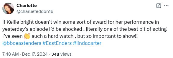 Screenshot of a tweet praising a recent EastEnders episode