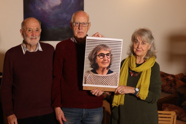 Friends and family of climate activist Gaie Delap, 78, who is facing being returned to prison because the Government's security contractors can't fit an electronic curfew tag on her wrist, held a press conference to highlight her plight in Bristol on December 17, 2024 Left to right - Gaie's brother Nick, and friends Mike Campbell and Annie Menter