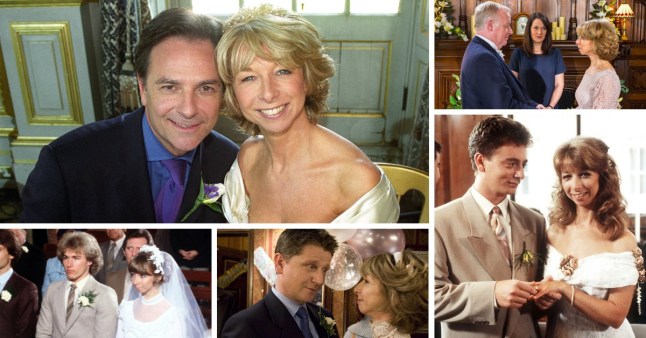 Split image featuring Gail Platt's weddings to Richard Hillman, Brian Tilsley, Martin Platt, Joe McIntyre and Michael Rodwell in Coronation Street