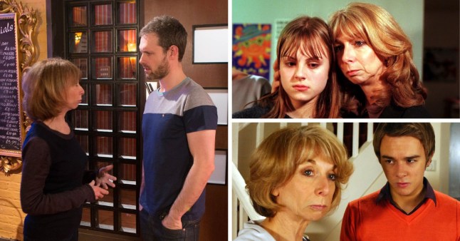 Split image featuring Gail Platt with children Nick Tilsley, Sarah Platt and David Platt in Coronation Street