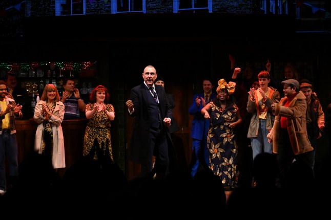 Ex-footballer Vinnie Jones (centre) during the curtain call after making his stage acting debut as one half of the notorious Driscoll brothers, crime boss Danny Driscoll in Only Fools and Horses The Musical at the Hammersmith Apollo, in west London. Picture date: Wednesday December 18, 2024. PA Photo. Sir David, who played Derek 'Del Boy' Trotter in the long running BBC comedy, watched the musical for the first time as it begun a three-week run in the West End. See PA story SHOWBIZ Fools. Photo credit should read: Doug Peters/PA Wire