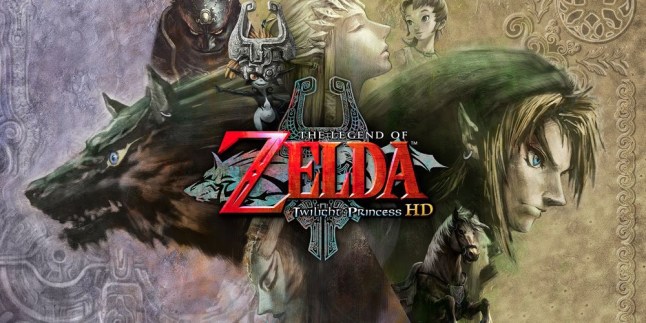 The Legend of Zelda Twilight Princess key art collage of main characters with Link and Wolf Link facing outwards from the logo