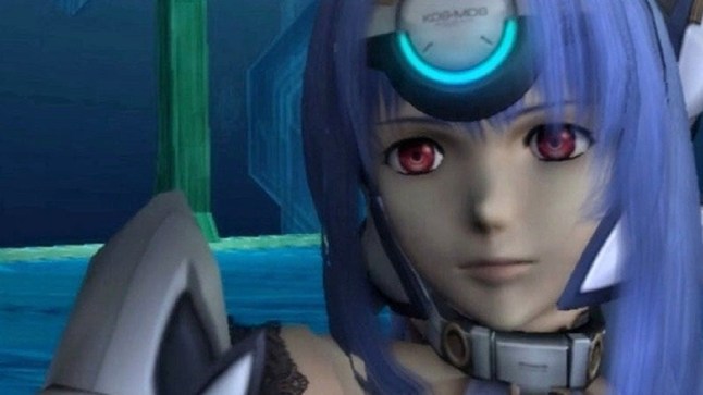 Xenosaga close up of a woman with blue hair and robotic parts on her body