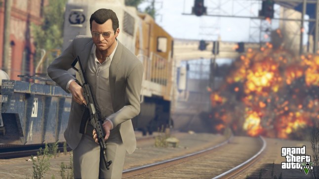 GTA 5 man holding gun running away from explosion