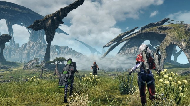 Xenoblade Chronicles X characters running through field under slightly cloudy sky