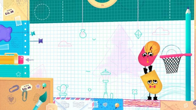 Snipperclips gameplay two cartoon characters stand on top of one another to put a ball through a basketball hoop