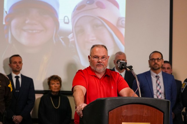 Mike Patty, grandfather, of Liberty German, speaks after the sentencing of Richard Allen in Delphi, Ind., Friday, Dec. 20, 2024. (AP Photo/Michael Conroy)