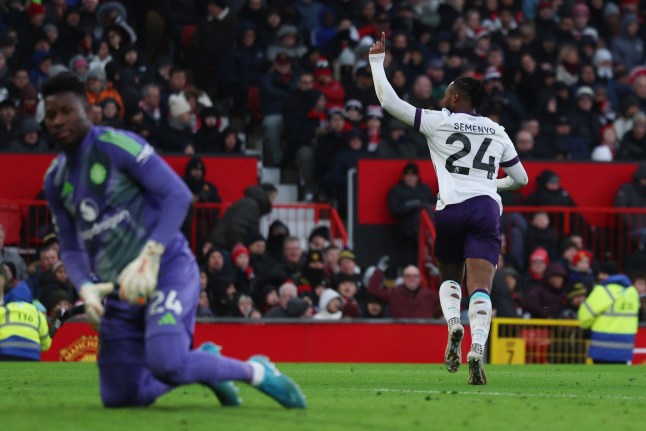 Soccer Football - Premier League - Manchester United v AFC Bournemouth - Old Trafford, Manchester, Britain - December 22, 2024 AFC Bournemouth's Antoine Semenyo celebrates scoring their third goal Action Images via Reuters/Lee Smith EDITORIAL USE ONLY. NO USE WITH UNAUTHORIZED AUDIO, VIDEO, DATA, FIXTURE LISTS, CLUB/LEAGUE LOGOS OR 'LIVE' SERVICES. ONLINE IN-MATCH USE LIMITED TO 120 IMAGES, NO VIDEO EMULATION. NO USE IN BETTING, GAMES OR SINGLE CLUB/LEAGUE/PLAYER PUBLICATIONS. PLEASE CONTACT YOUR ACCOUNT REPRESENTATIVE FOR FURTHER DETAILS..