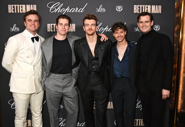 LONDON, ENGLAND - NOVEMBER 27: (L to R) Liam Head, Chase Vollenweider, Jonno Davies, Jesse Hyde and Jake Simmance attend the European Premiere after party for "Better Man" at Lio London on November 27, 2024 in London, England. (Photo by Dave Benett/Getty Images)