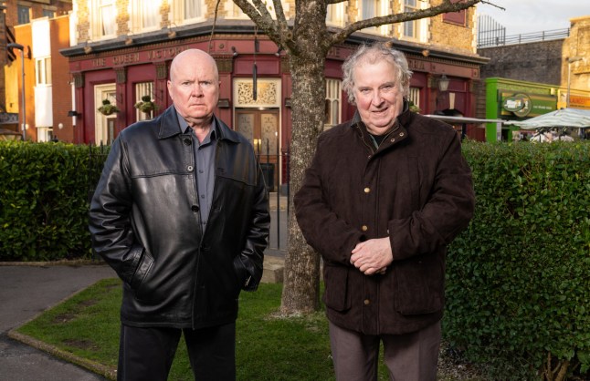 EMBARGOED TO 2015 TUESDAY DECEMBER 24 For use in UK, Ireland or Benelux countries only Undated BBC handout photo of Paul Bradley as Nigel Bates (right) and Steve McFadden as Phil Mitchell in the Christmas Eve episode of Eastenders. Nigel Bates has returned to EastEnders for the first time in almost three decades. He left the show in April 1998 when he and his adopted daughter Clare left Albert Square to start a new life in Scotland. Issue date: Tuesday December 24, 2024. PA Photo. See PA story SHOWBIZ Eastenders. Photo credit should read: BBC/PA Wire NOTE TO EDITORS: Not for use more than 21 days after issue. You may use this picture without charge only for the purpose of publicising or reporting on current BBC programming, personnel or other BBC output or activity within 21 days of issue. Any use after that time MUST be cleared through BBC Picture Publicity. Please credit the image to the BBC and any named photographer or independent programme maker, as described in the caption.