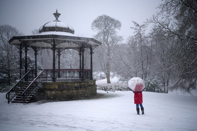 BUXTON, UNITED KINGDOM - FEBRUARY 08: People walk through the snow in Pavilion Gardens on February 08, 2024 in Buxton United Kingdom. The Met Office issued two amber warnings for snow and ice, coinciding with rain and sleet, as cold air streams in from the Arctic into northern parts of the UK. (Photo by Christopher Furlong/Getty Images)