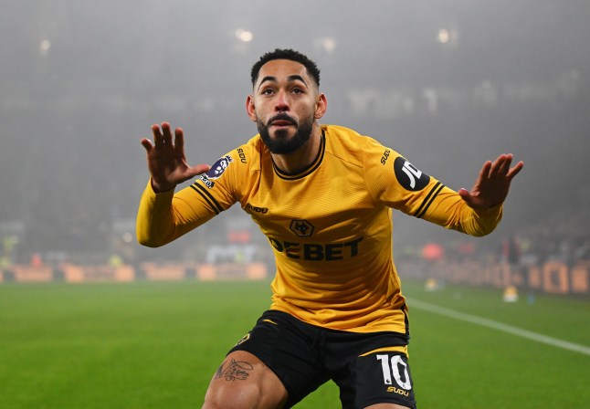 WOLVERHAMPTON, ENGLAND - DECEMBER 26: Matheus Cunha of Wolverhampton Wanderers celebrates scoring his team's first goal during the Premier League match between Wolverhampton Wanderers FC and Manchester United FC at Molineux on December 26, 2024 in Wolverhampton, England. (Photo by Shaun Botterill/Getty Images)