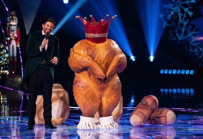 This image and the information contained herein is strictly embargoed until 20:00 Sunday 8th December 2024 From Bandicoot TV The Masked Singer Christmas Special:on ITV1 and ITVX Pictured: Joel Dommet & Turkey Crown This photograph is (C) Bandicoot TV and can only be reproduced for editorial purposes directly in connection with the programme or event mentioned above, or ITV plc. This photograph must not be manipulated [excluding basic cropping] in a manner which alters the visual appearance of the person photographed deemed detrimental or inappropriate by ITV plc Picture Desk. This photograph must not be syndicated to any other company, publication or website, or permanently archived, without the express written permission of ITV Picture Desk. Full Terms and conditions are available on the website www.itv.com/presscentre/itvpictures/terms For further information please contact: michael.taiwo1@itv.com