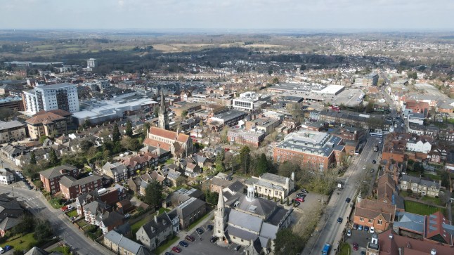 Brentwood Essex Uk Town centre drone Aerial shops and houses