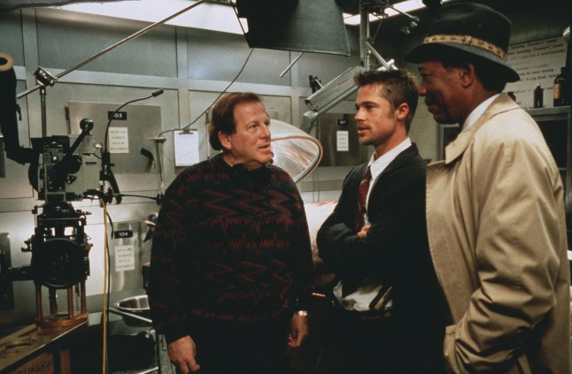 Brad Pitt and Morgan Freeman with director David Fincher on the set of Se7en