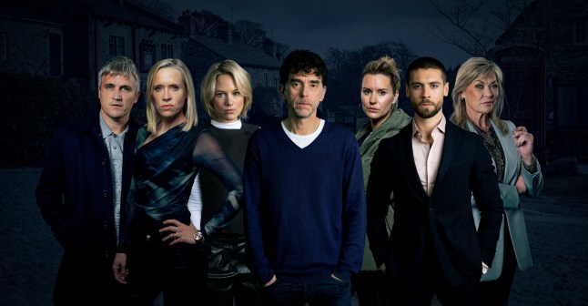 Caleb, Ruby, Steph, Marlon, Dawn, Joe and Kim in a gloomy and dark Emmerdale shot