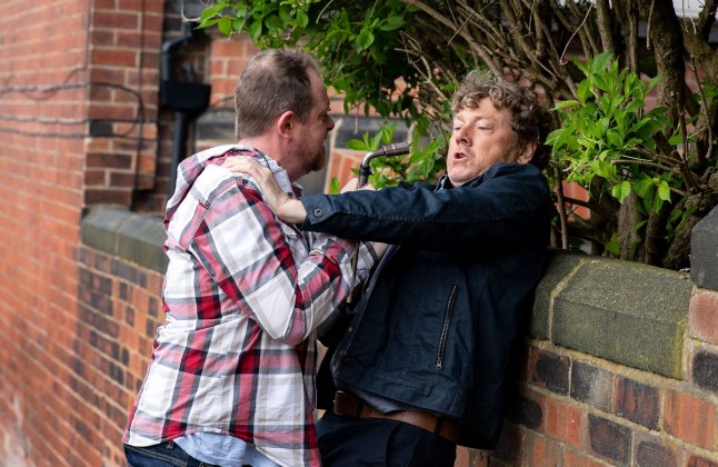 Editorial use only Mandatory Credit: Photo by ITV/REX/Shutterstock (9719298av) Ep 8180 & Ep 8181 Tuesday 19th June 2018 Dan Spencer, as played by Liam Fox, is furious that the police are not charging Daz Spencer, as played by Mark Jordon, and catches up with him and threatens him with a wrench. Daz makes a confession and a disgusted Dan orders him to stay away. 'Emmerdale' TV Series UK - 2018 Emmerdale Farm is a long-running British soap opera set in Emmerdale, a fictional village in the Yorkshire Dales. Created by Kevin Laffan, it first broadcast on 16 October 1972 and produced by ITV Yorkshire.