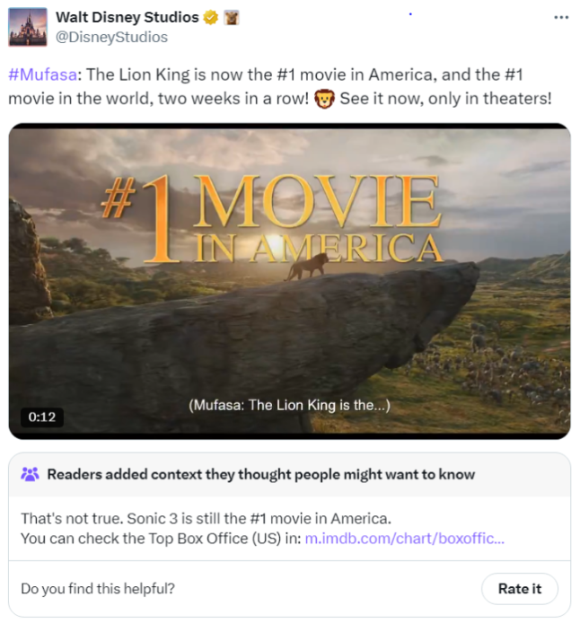 A grab from X showing the community note on Walt Disney Studio's tweet correcting its claim that Mufasa was the number one film at the US box office. It was later removed.