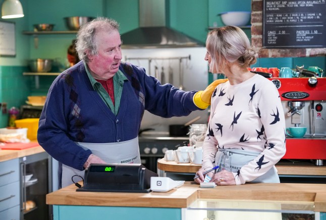 Nigel and Kathy talk in the cafe in EastEnders