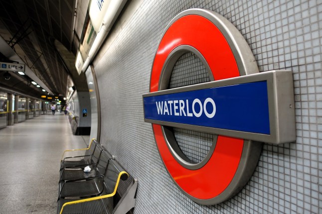 Waterloo Station, London Underground roundel sign on platform