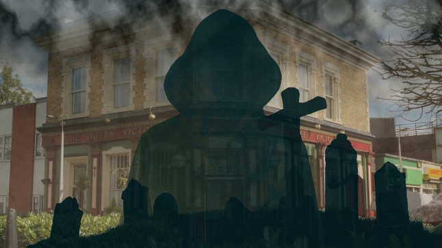 Silhouette of a graveyard and the grim reaper in front of EastEnders' Queen Vic