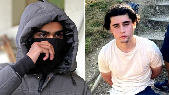 Imran Chowdhury (left) is seen wearing a grey hooded jacket and covering the lower part of his face as he exits court today. Daniel Khalife (right) is seen moments after being caught by police sitting on the ground wearing a white t-shirt