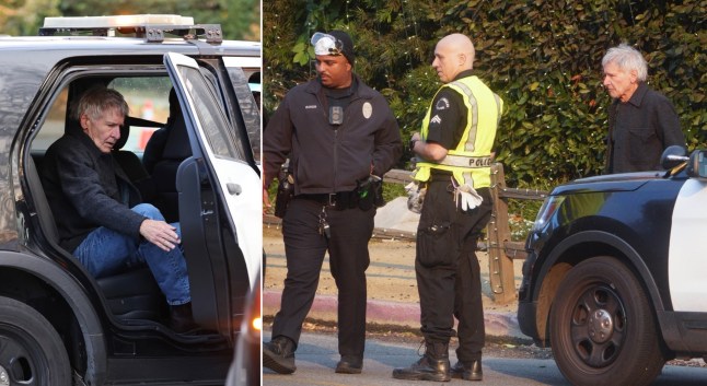 Harrison Ford in a police car to check on his house