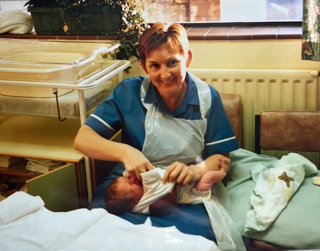 Undated handout photo issued by Swansea Bay University Health Board of a picture of Ms Cooling with Ms Wintle as a baby. Sharon Cooling has now retired from Swansea Bay after almost half a century of service. Since 2016 she has worked with colleague Katie Wintle. What neither of them realised was that it was Sharon who delivered Katie when she was born in Singleton Hospital in 1995. The coincidence only came to light after Katie herself became pregnant. Issue date: Friday January 3, 2025. PA Photo. See PA story HEALTH Midwives. Photo credit should read: Swansea Bay University Health Board/PA Wire NOTE TO EDITORS: This handout photo may only be used in for editorial reporting purposes for the contemporaneous illustration of events, things or the people in the image or facts mentioned in the caption. Reuse of the picture may require further permission from the copyright holder.