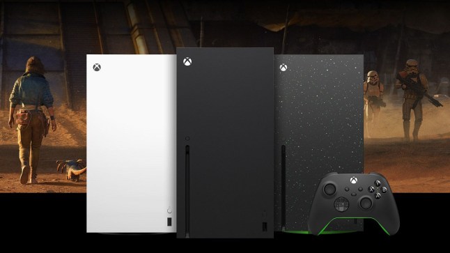 Xbox Series X and Xbox Series S consoles lined up in front of artwork for Star Wars Outlaws