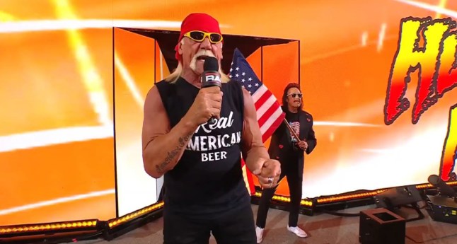 WWE Hall of Famer Hulk Hogan speaks with Jimmy Hart in the background during the Raw debut on Netflix