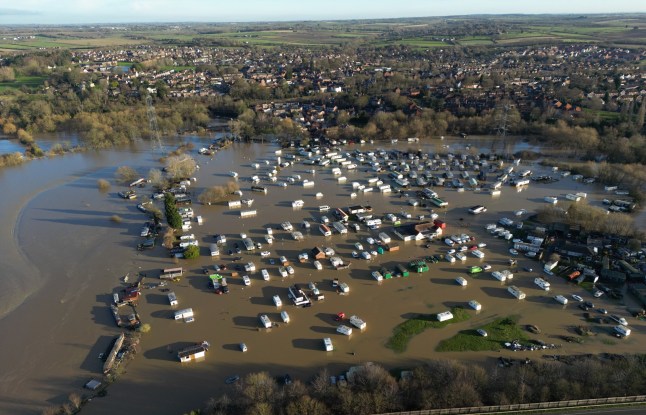 UNSPECIFIED - JANUARY 07: A view of the flooded caravans in Proctors Park on January 07, 2025 in Barrow Upon Soar, Leicestershire. The Met Office has issued weather warnings as a cold snap sweeps across the UK, bringing bouts of ice, snow, and rain. (Photo by Michael Regan/Getty Images)