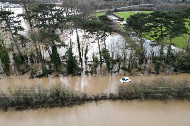 A photograph taken on January 7, 2025 shows an aerial view of flooded streets and fields, in Quorn, central England, after heavy snow and rain across large parts of England caused disruption over the weekend. (Photo by Oli SCARFF / AFP) (Photo by OLI SCARFF/AFP via Getty Images)