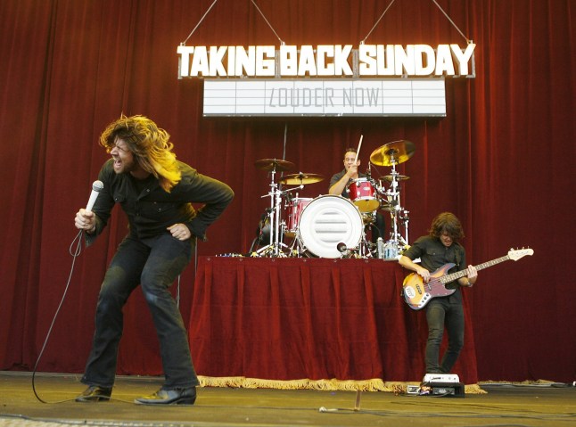 DEVORE, CA - JULY 28: Taking Back Sunday singer Adam Lazzara, drummer Mark O'Connell and bassist Matt Rubano perform at the 2007 Projekt Revolution Tour at the Hyundai Pavilion on July 28, 2007 in Devore, California. (Photo by Kevin Winter/Getty Images)