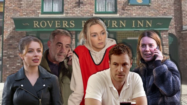 Daisy, Kevin, Lauren, Rob and Abi in front of the Rovers in Coronation Street.