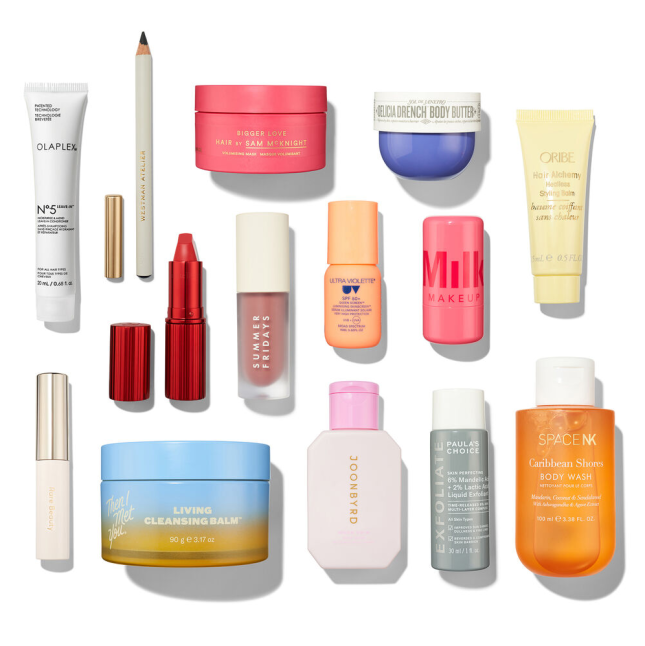 Image of products you can find inside the Our 2024 Best of Beauty Edit from Space NK - including haircare, skincare, makeup and more.