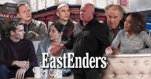 Peter Beale, Billy Mitchell, Lauren Branning, Teddy Mitchell, Phil Mitchell, Nigel Bates and Denise Fox in EastEnders