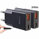 revolt 2er-Set Ultrakompakte USB-A/C-Netzteile, Power Delivery 20 W, schwarz revolt Ultra-kompakte Reisenetzteile mit Power Delivery & Quick Charge