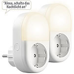 Luminea Home Control 2er-Set WLAN-Steckdose mit LED-Nachtlicht, App & Sprachsteuerung, 16 A Luminea Home Control LED-Nachtlichter mit Timer und Steckdose, App- und Sprachsteuerung, dimmbar