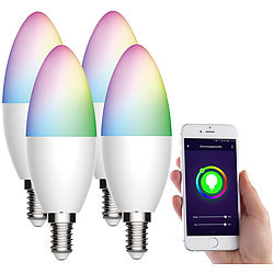 Luminea Home Control 4er-Set WLAN-LED-Kerze, E14, RGB-CCT, 5,5 W (ersetzt 40 W), 470lm, App Luminea Home Control WLAN-LED-Lampen E14 RGBW