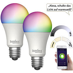 Luminea Home Control 2er-Set WLAN-LED-Lampe, E27, RGB-CCT, 14W (ersetzt 150W), 1.520lm, App Luminea Home Control WLAN-LED-Lampen E27 RGBW